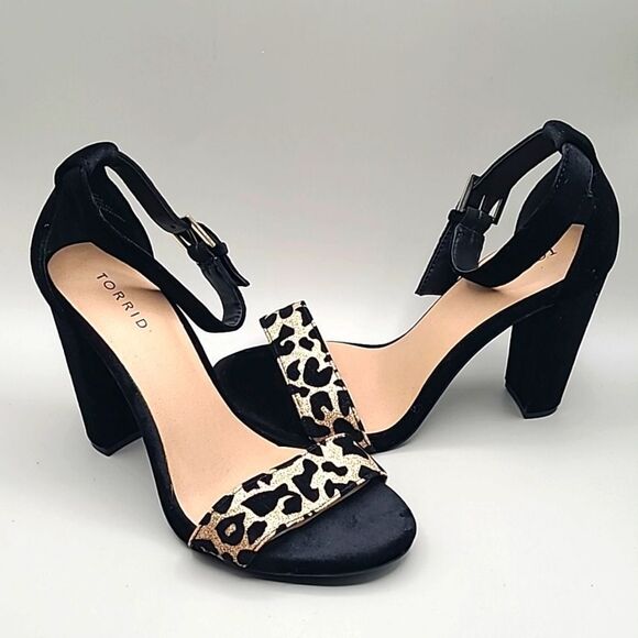 Torrid Black Velvet Ankle Strap Heels & Gold Glitter Leopard Print Peep Toe, 10W - Picture 1 of 11
